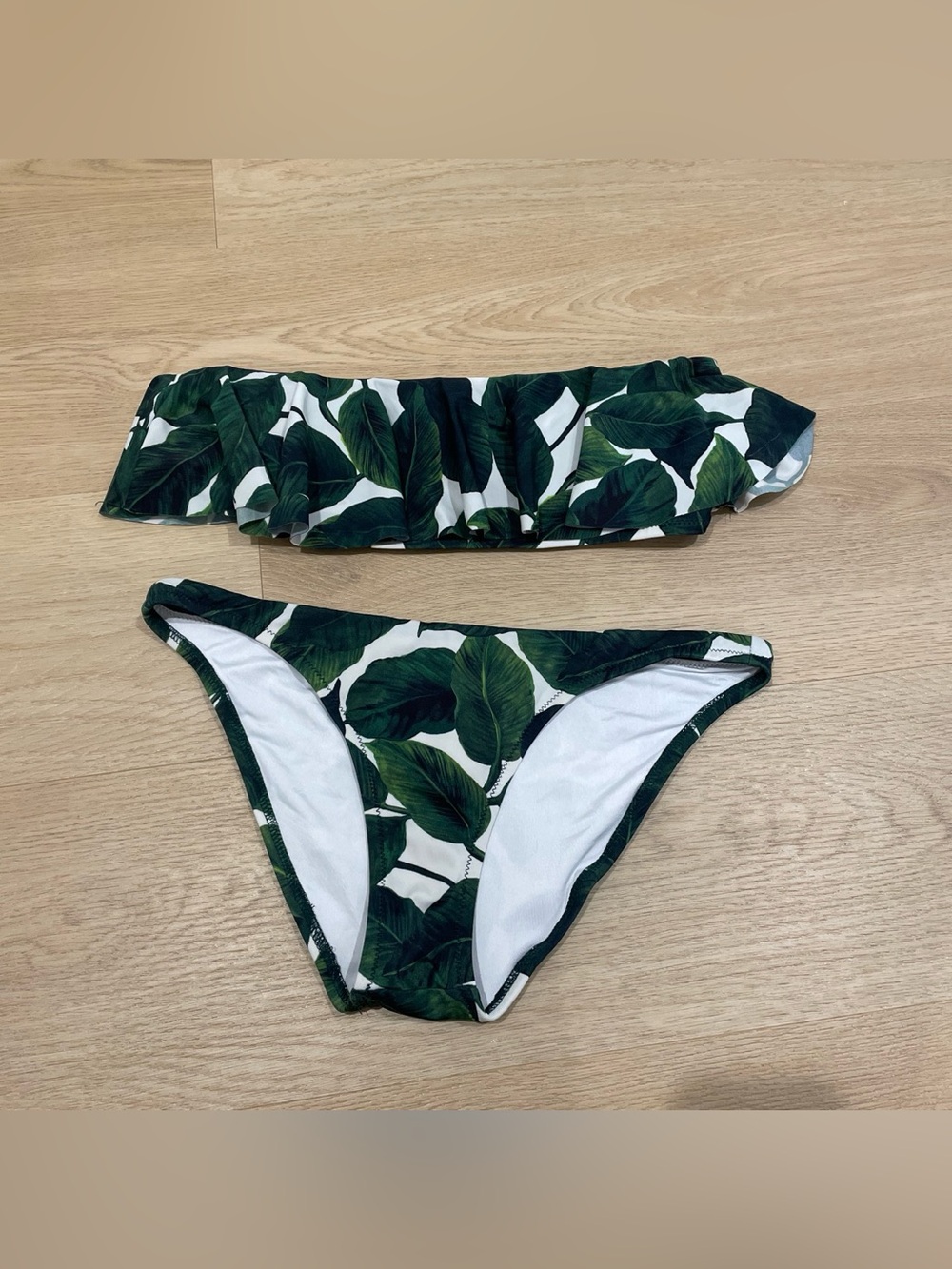 Milly Green Leaf Ruffle Bandeau Bikini - Green & White